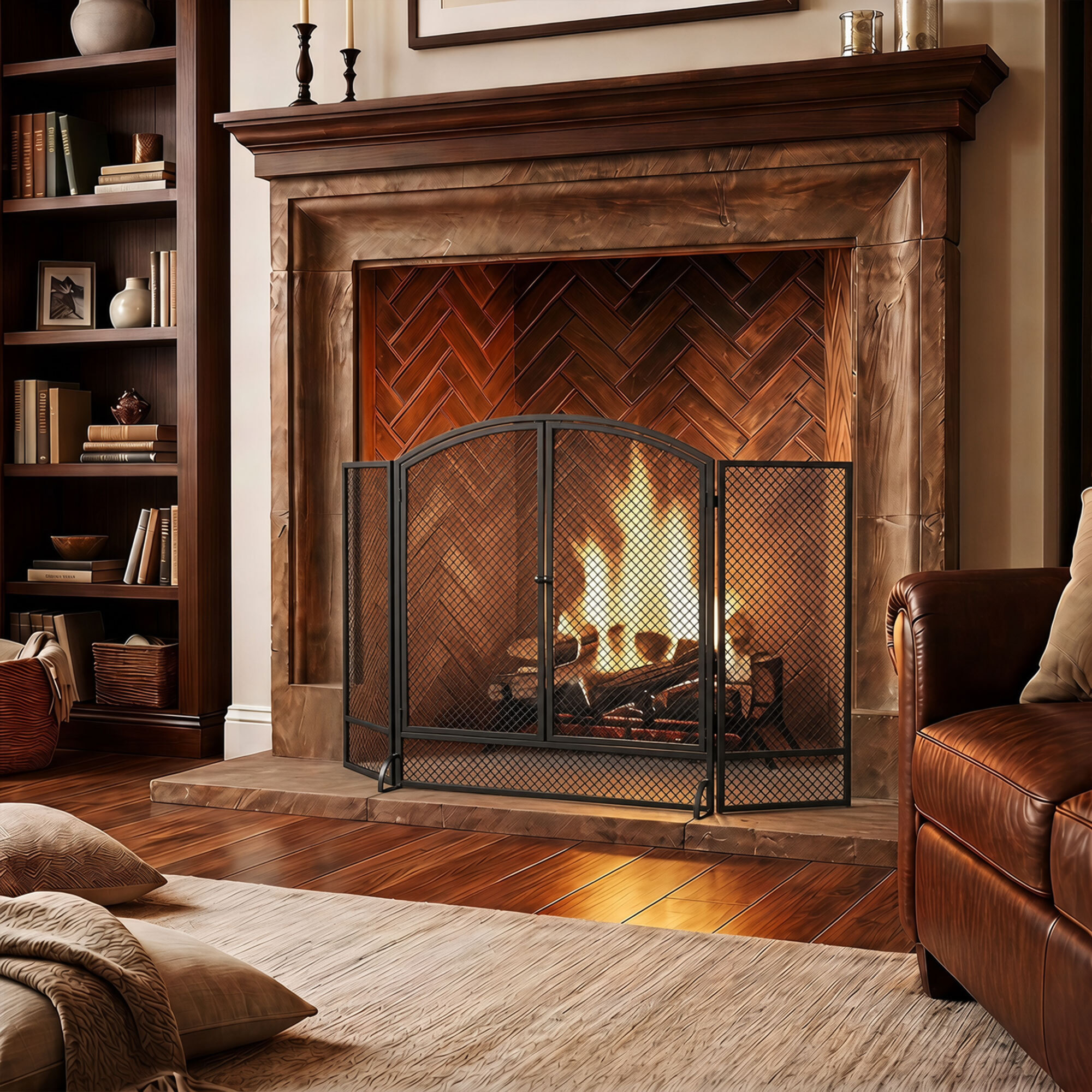 Salvachispas para Chimenea Plegable de 3 Paneles con Doble Puerta, Protector de Chimenea de Metal, Resistente al Calor, para Salón, Hogar, 122x75 cm, Negro