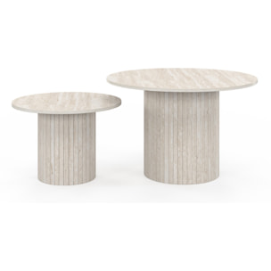 Tables basses rondes gigognes Alvar effet travertin et pieds lattes - lot de 2