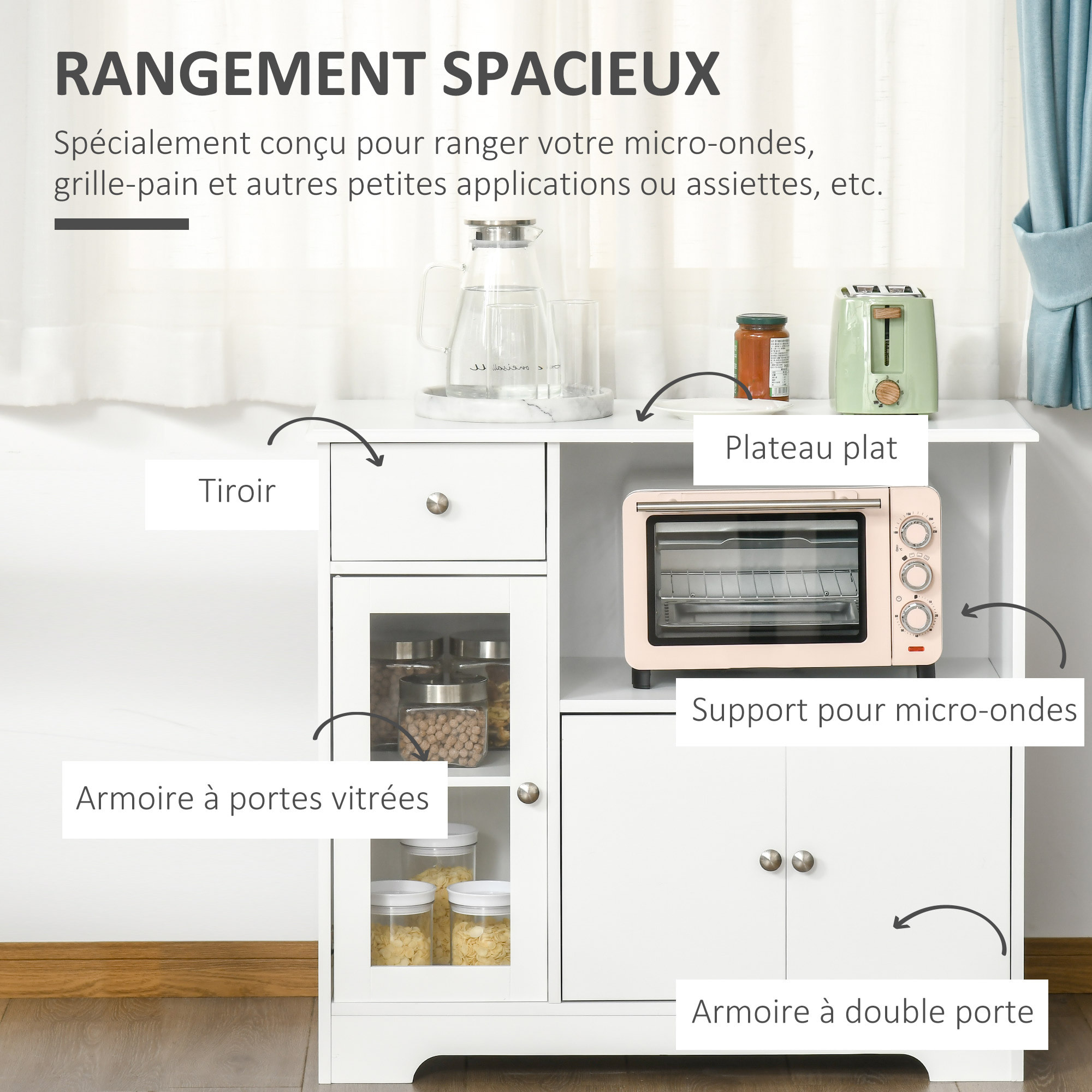 Meuble micro-ondes pour cuisine - tiroir, 3 portes, niche - dim. 90L x 40l x 82H cm - MDF blanc