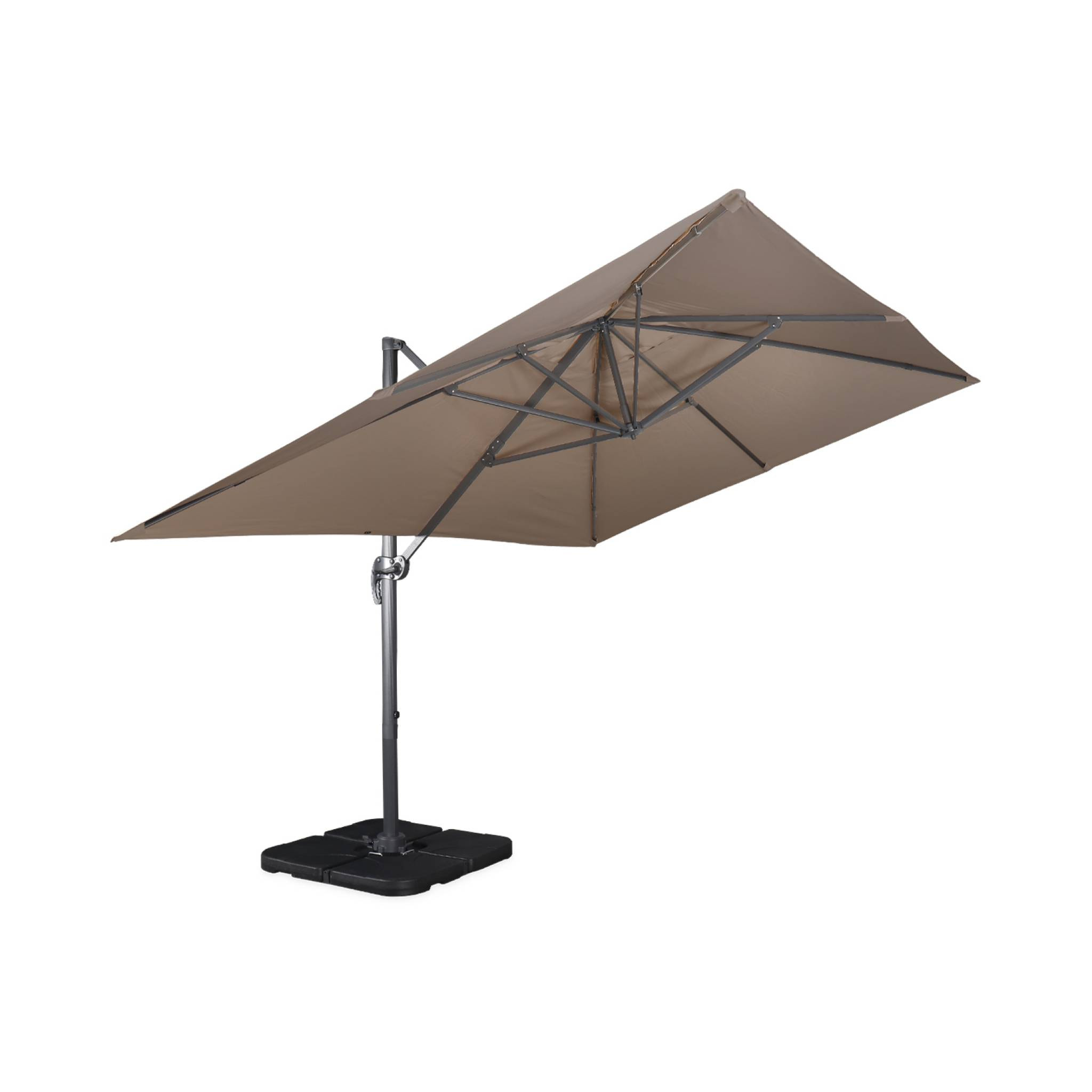 Parasol déporté rectangulaire taupe 3x4m + dalles à lester 50x50cm