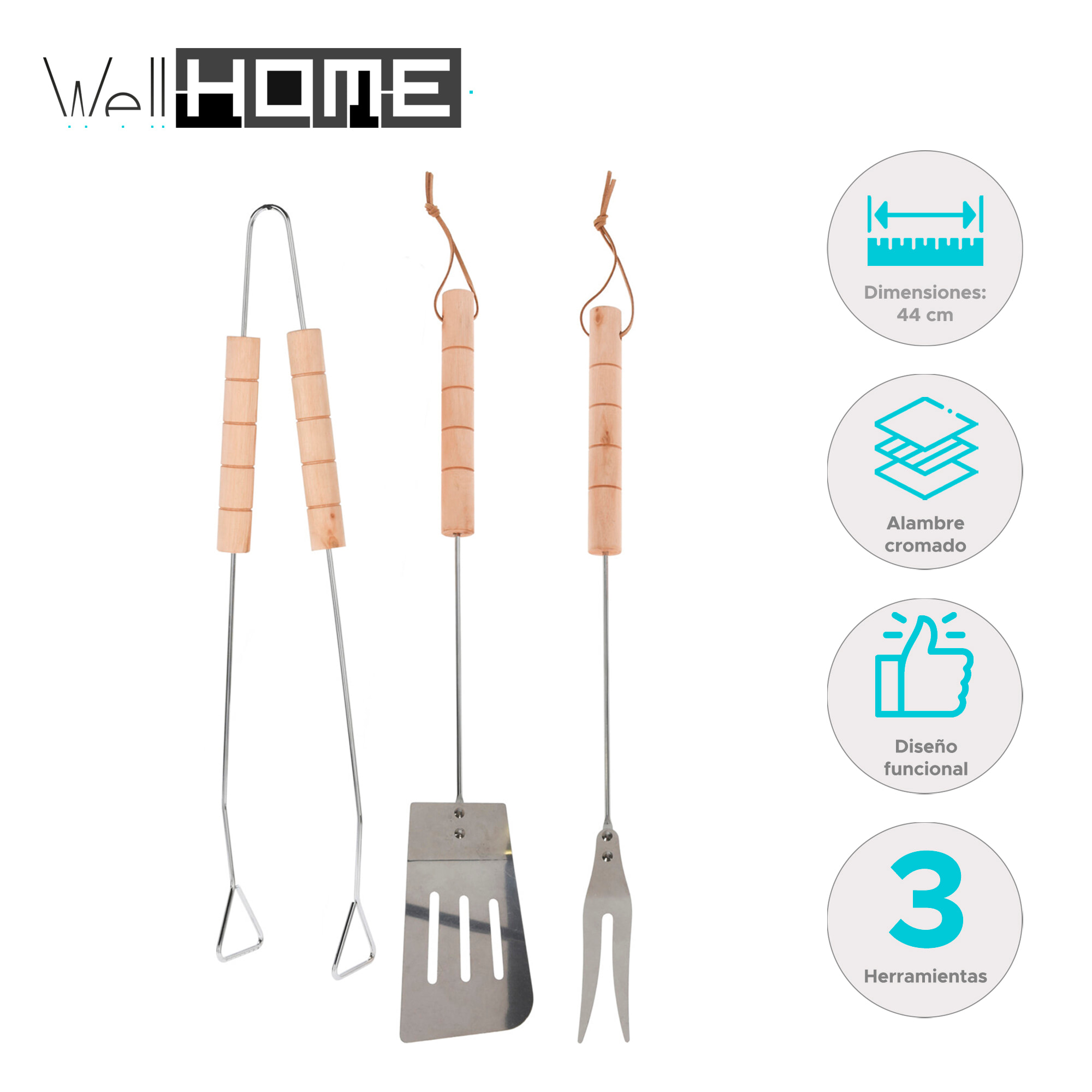 Set de herramientas para barbacoa de acero cromado con mango de madera