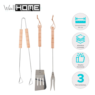Set de herramientas para barbacoa de acero cromado con mango de madera