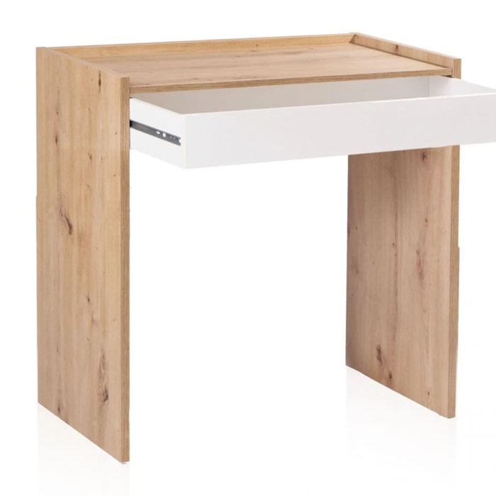 Mesa de escritorio con cajón Dess Blanco Artik (Blanco Mate) - Roble Nodi