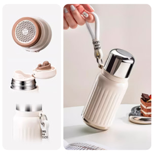 Termo MD-K933 de 300 ml con sellado antifugas, colador para infusiones y tapa convertible en vaso. Incluye apertura de 180°, cordón desmontable y excelente conservación térmica.