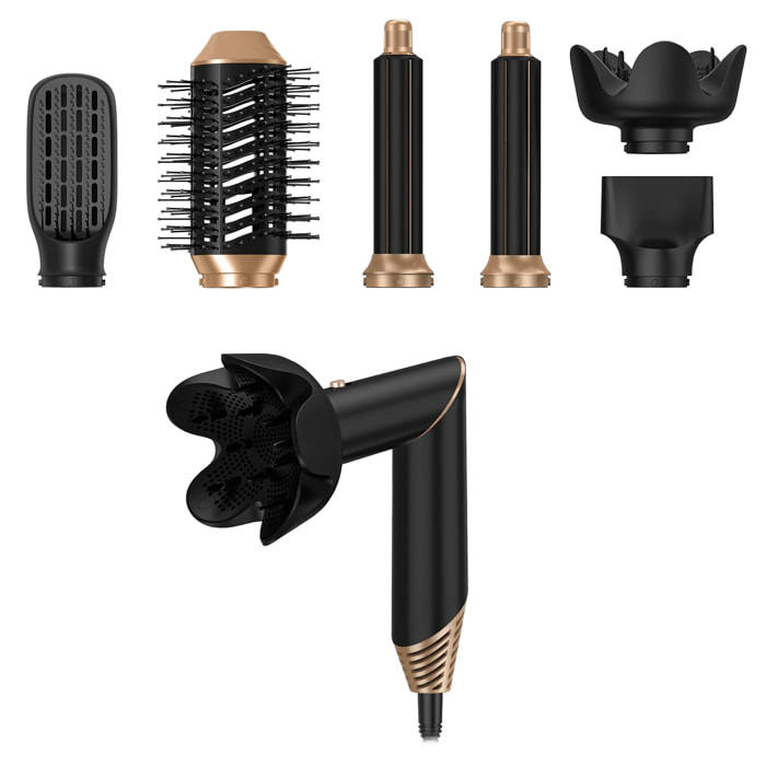 Secador de pelo plegable 5 en 1 con tecnología iónica, 1000 W de potencia y 3 niveles de temperatura ajustable.