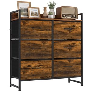 Cómoda con 6 Cajones de Tela Plegables, Cómoda para Dormitorio Industrial con Estante Abierto, Marco de Acero, Cajonera para Espacios Pequeños, Sala de Estar, Vestidor, Baño, Marrón Rústico