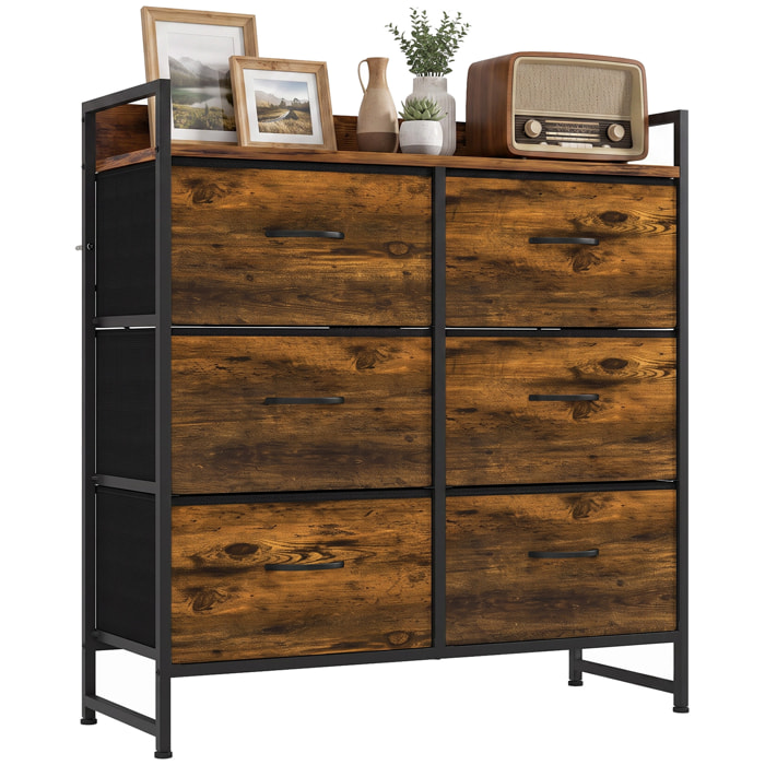 Cómoda con 6 Cajones de Tela Plegables, Cómoda para Dormitorio Industrial con Estante Abierto, Marco de Acero, Cajonera para Espacios Pequeños, Sala de Estar, Vestidor, Baño, Marrón Rústico