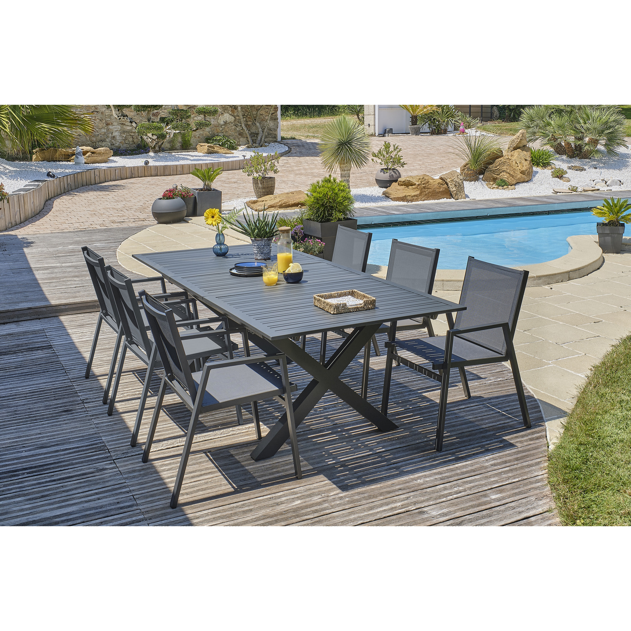 FLORIDE - Ensemble repas de jardin 6 places en aluminium