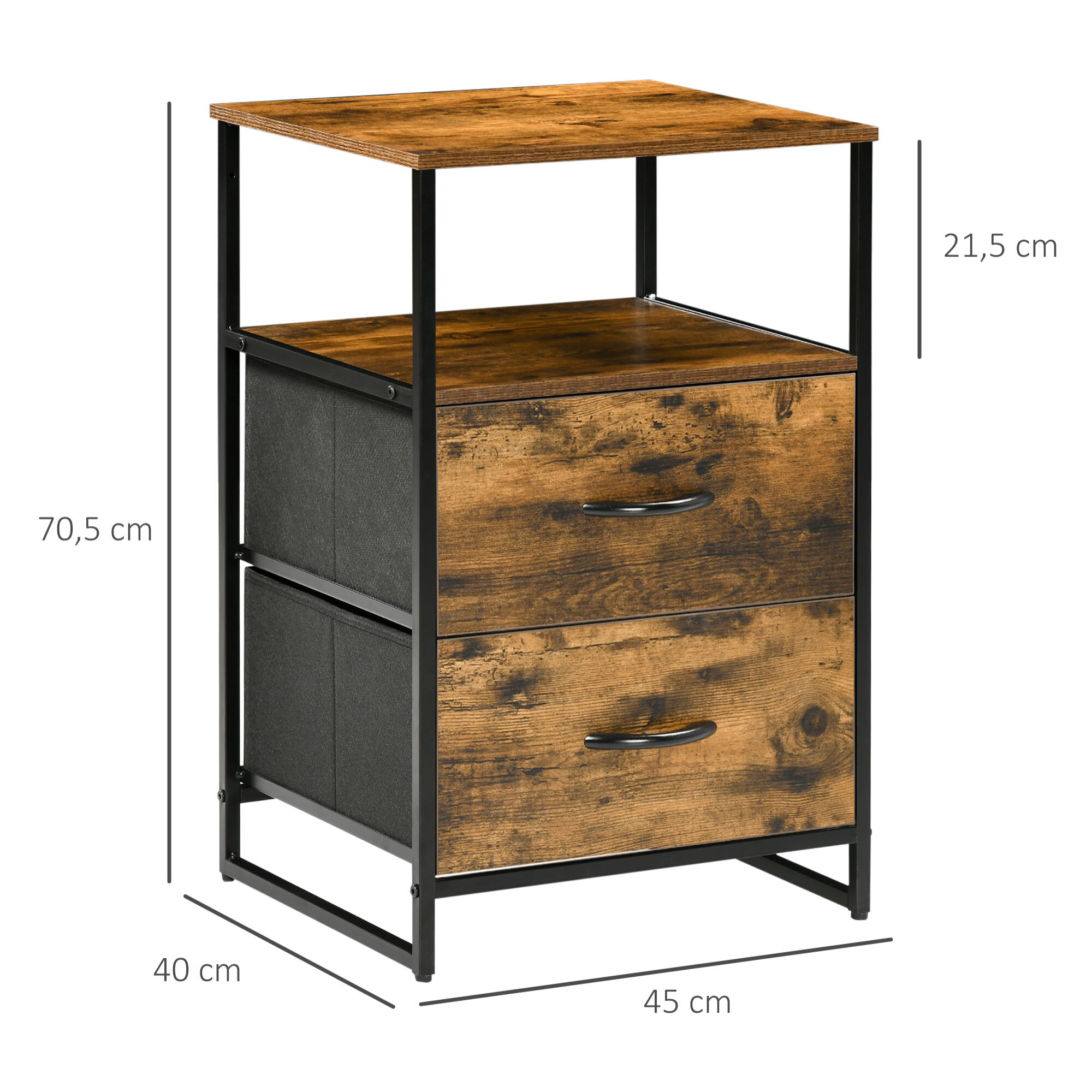 Mueble Organizador Cajonera de Tela con Cajones Plegables Estante Abierto y Marco de Acero Estilo Industrial para Salón Recibidor Dormitorio 45x40x70,5 cm Marrón Rústico