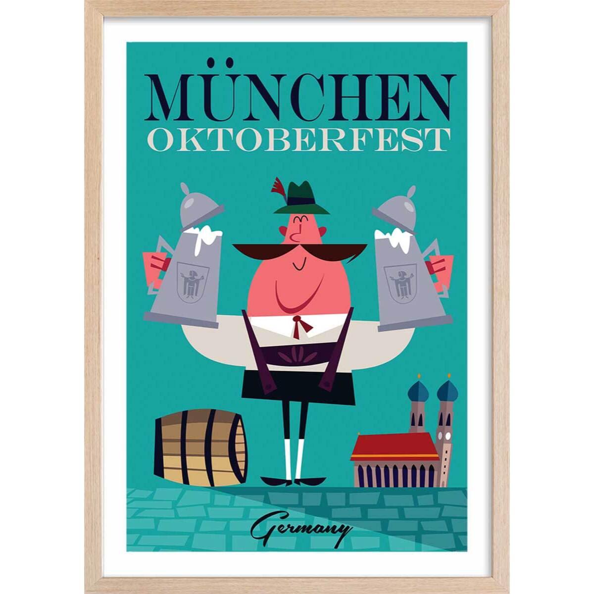 Poster retro munchen Affiche + cadre en bois - Chêne