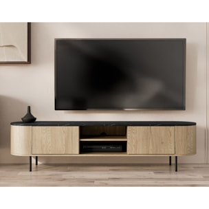 Sansa - meuble tv 184 cm - 2 portes et 2 niches - plateau effet marbre - Bois / Noir