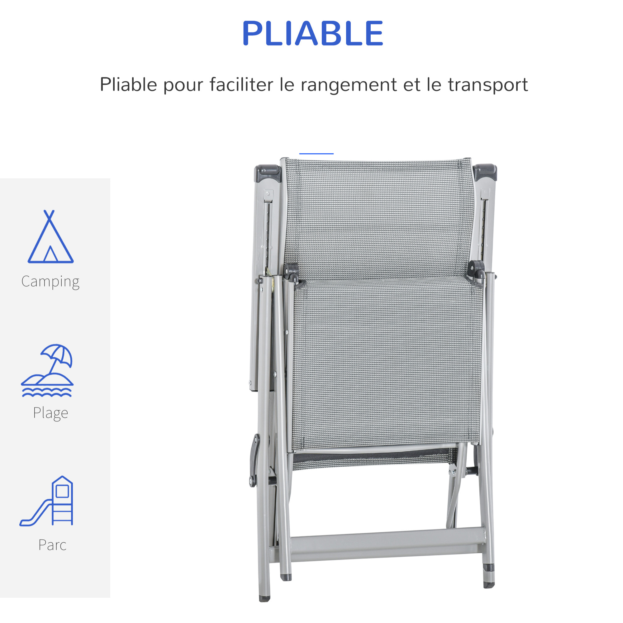 Chaise longue pliable dossier & repose-pied réglable multi-positions métal époxy textilène gris