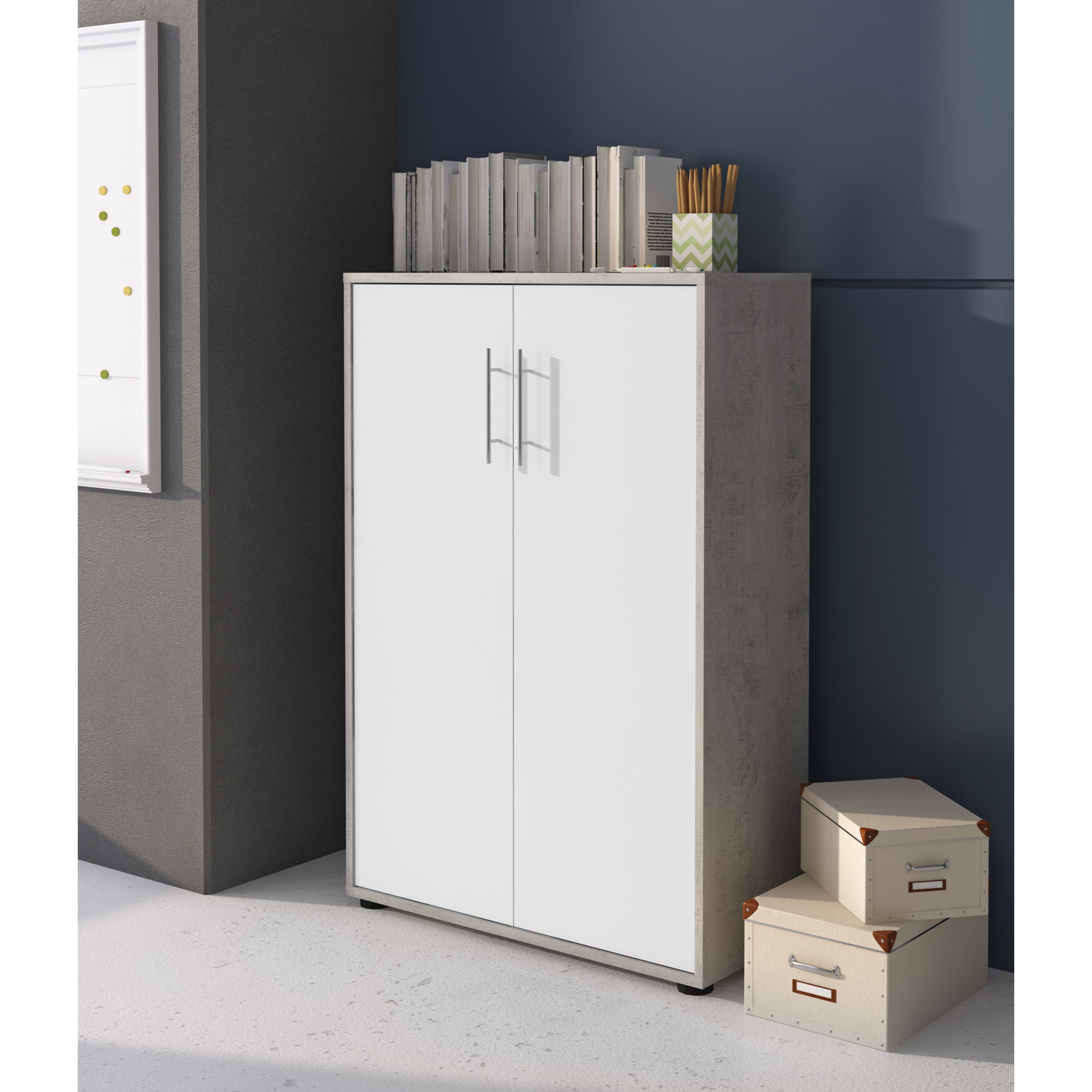 Set Ufficio Completo Con 2 Scrivanie 1 Modulo Ad Angolo 1 Cassettiera Con Ruote 2 Armadi Alto e Basso 2 Librerie Alta E Bassa Bianco E Grigio Cemento