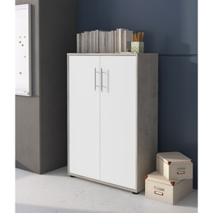 Set Ufficio Completo Con 2 Scrivanie 1 Modulo Ad Angolo 1 Cassettiera Con Ruote 2 Armadi Alto e Basso 2 Librerie Alta E Bassa Bianco E Grigio Cemento