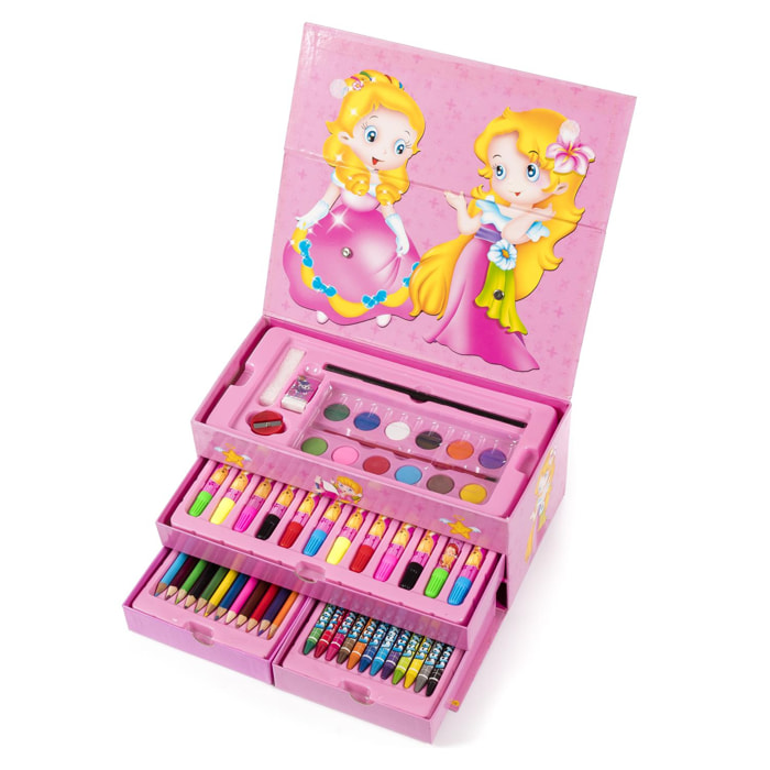 Set di colori in valigetta con cassetti, 54 pezzi. Include matite, acquerelli, pennarelli, pastelli e accessori.