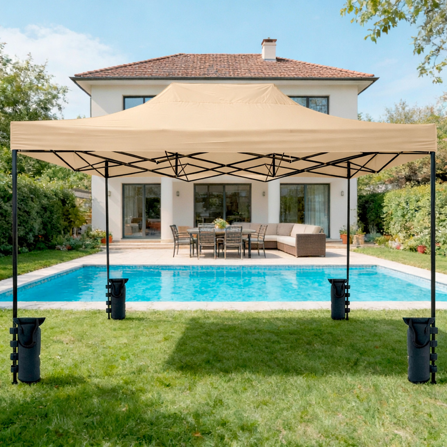 Gazebo Professionale 3x4.5 M Richiudibile Automatico In Acciaio E Telo Oxford 1200D PVC Impermeabile Anti UV Struttura a Fisarmonica con Sacche Beige