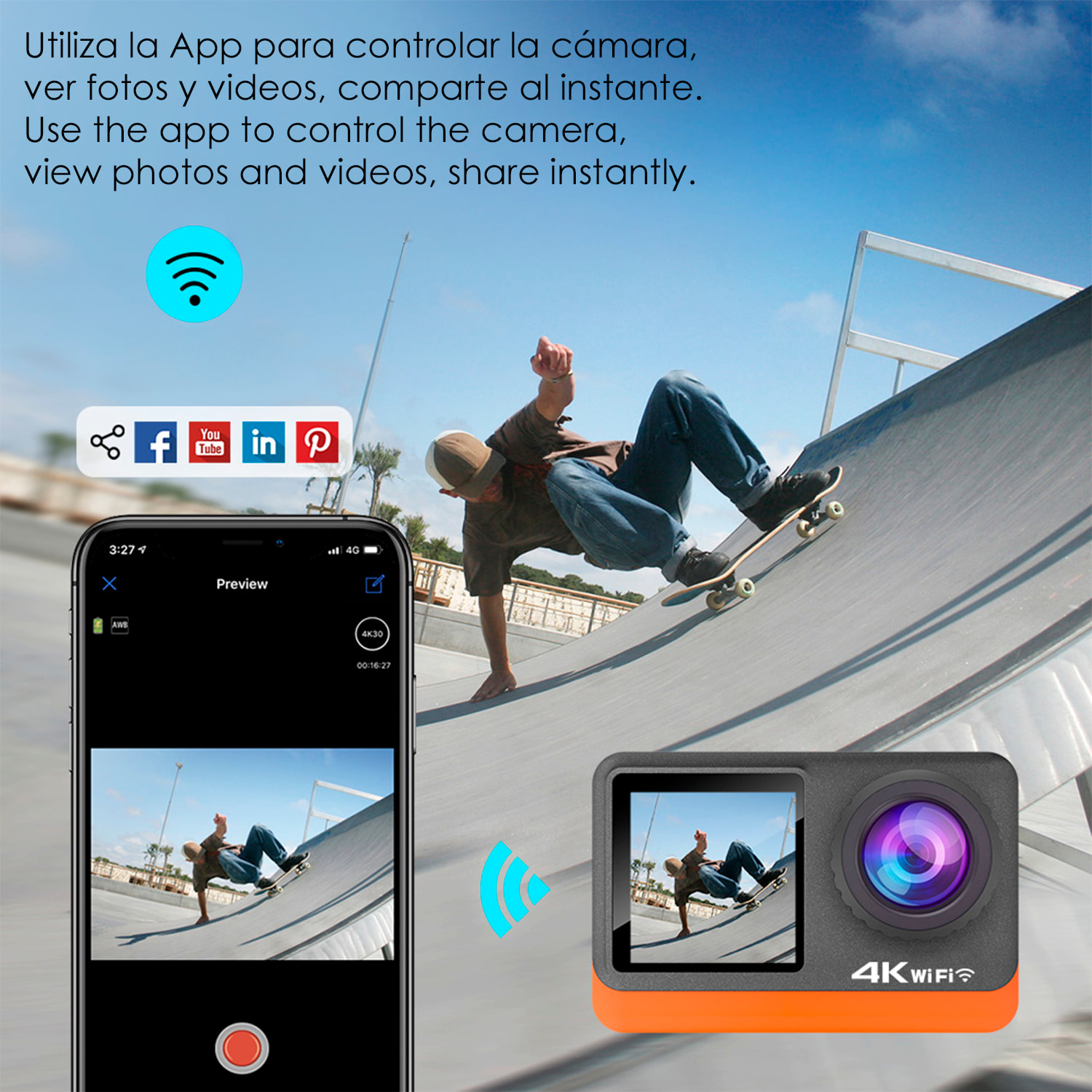 Cámara Deportiva M80 TR 4k 60fps con 29 mpx, doble pantalla de 2" y 1.3", estabilizador de imagen, multitud de accesorios, 6 filtros y WIFI.