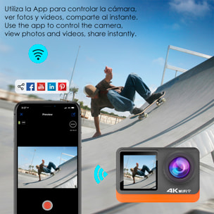 Cámara Deportiva M80 TR 4k 60fps con 29 mpx, doble pantalla de 2" y 1.3", estabilizador de imagen, multitud de accesorios, 6 filtros y WIFI.