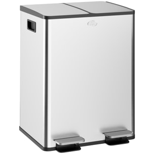 Cubo de Basura de Cocina con 2 Compartimentos 2x20L Papelera Cocina de Acero Inoxidable con Pedal Tapas de Cierre Suave y Cubo Extraíble para Dormitorio Oficina Salón Plata