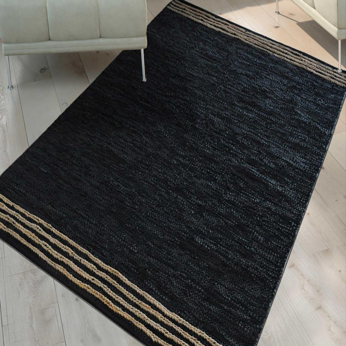 Tapis Kilim tissé à la main en cuir motif simple couleur Noir