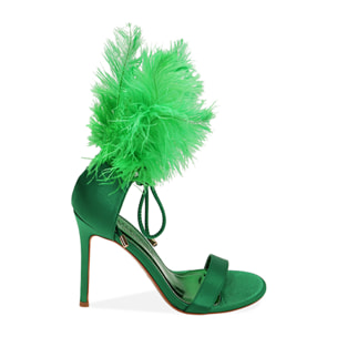 Sandalias de raso verde con plumas, tacón de 10,5 cm