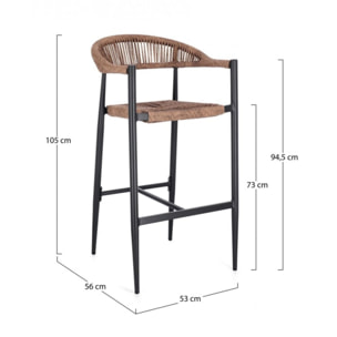 Set di 4 sgabelli JANDIA in alluminio antracite e fibre intrecciate marroni, impilabili