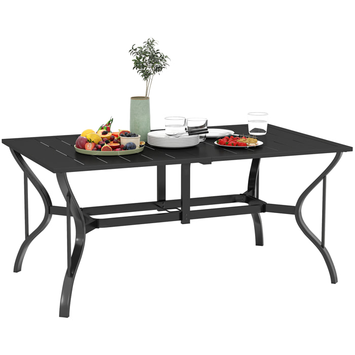 Mesa Jardín Exterior Rectangular 150x90x73 cm Mesa Terraza Exterior Desmontable con Tablero Ranurado Agujero para Sombrilla y Estructura de Acero Galvanizado Negro