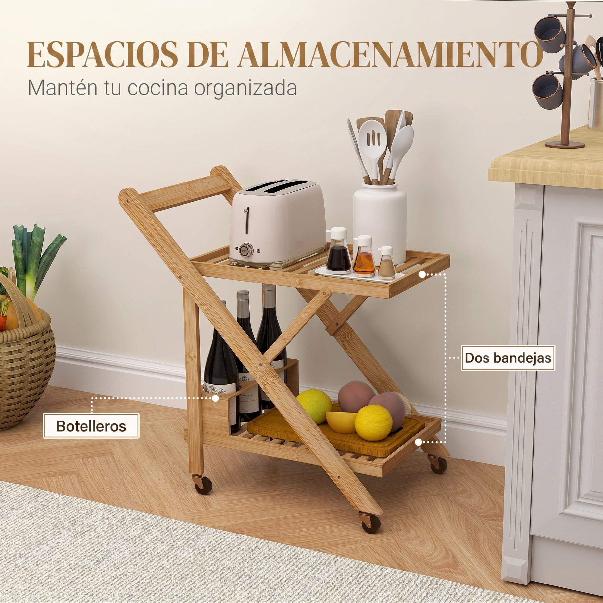 HOMCOM Carrito de Cocina de Bambú con Ruedas, Carro de Cocina Plegable con Soporte para Vino, 2 Estantes, Organizador para Comedor o Salón, 66x40x70 cm, Natural