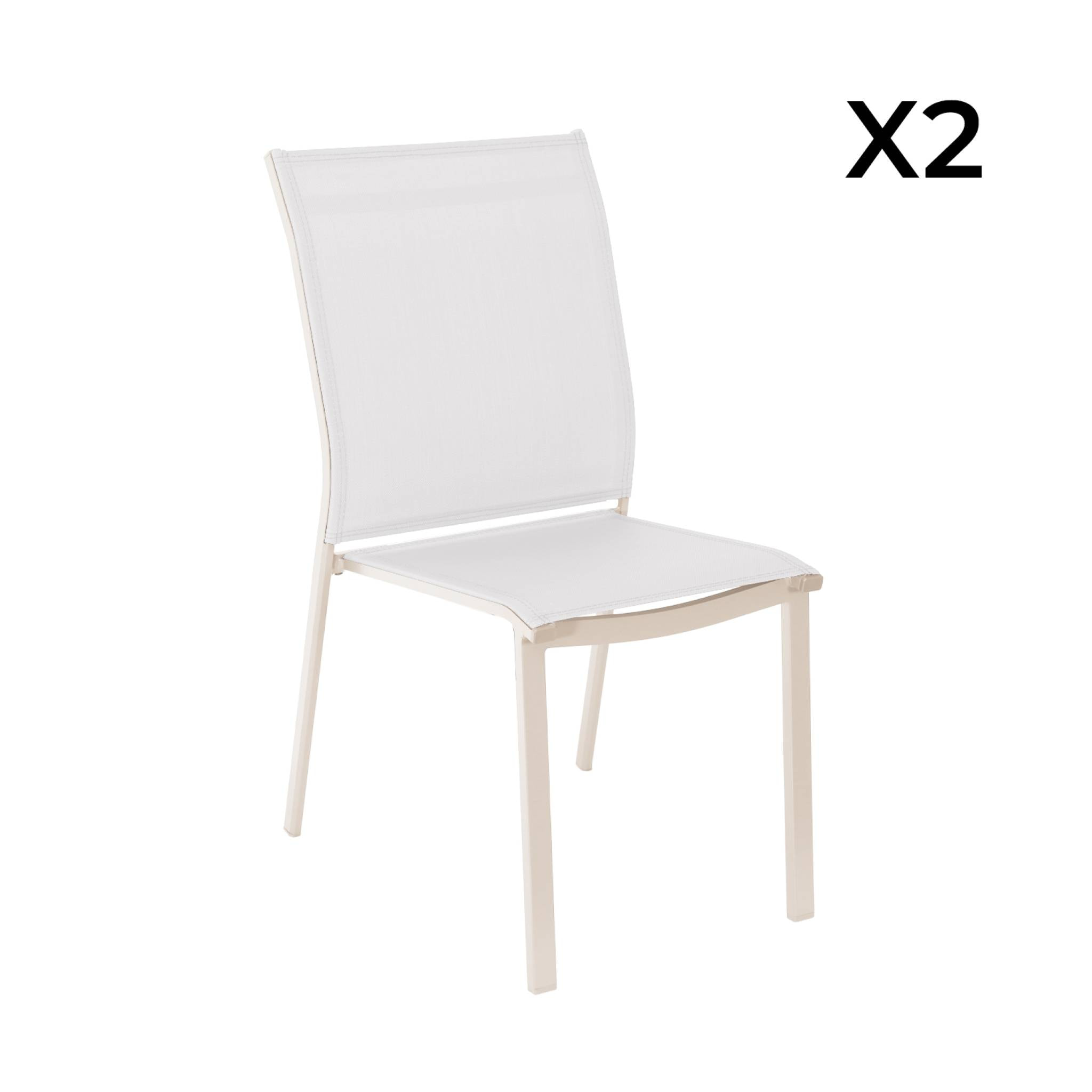 Lot de 2 chaises de jardin CLEVELAND empilables aluminium et textilene beige. 64.5 x 45.5 x 89.5 cm