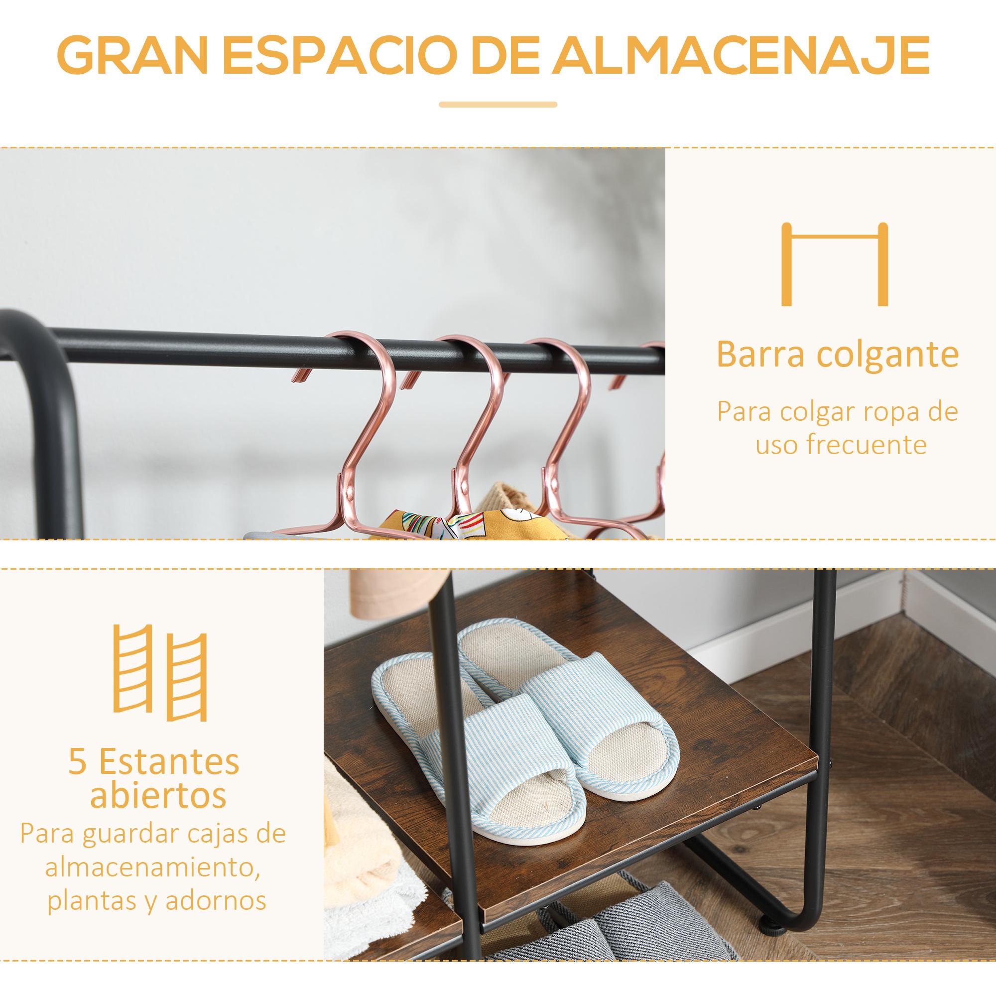 Perchero de Ropa de Madera Perchero Multiusos con 5 Estantes de Almacenaje y Barra para Colgar para Dormitorio Salón Entrada Estilo Industrial 101x39x160 cm Rústico