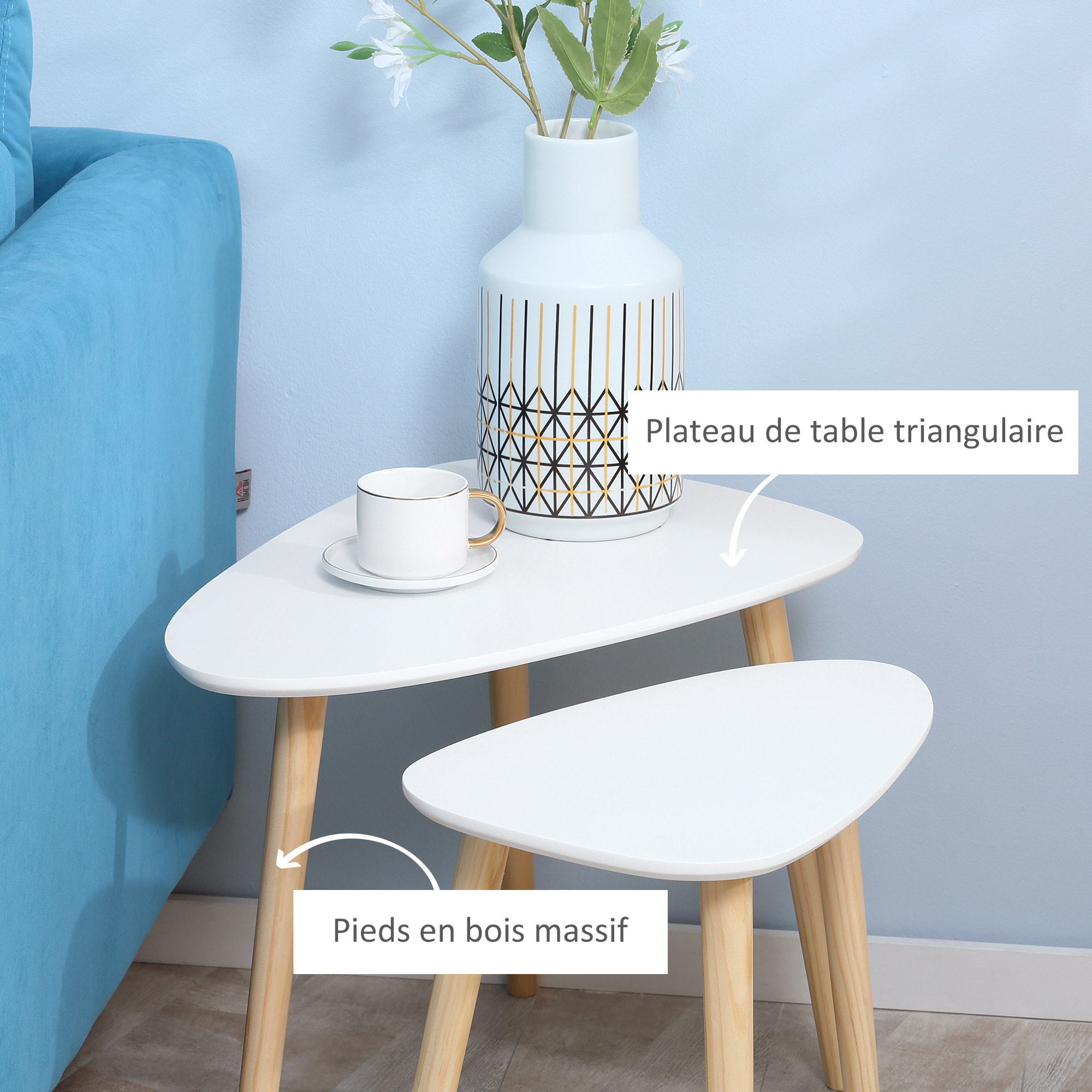 Lot de 2 tables basses gigognes design scandinave bicolore bois clair blanc pieds effilés bois de pin