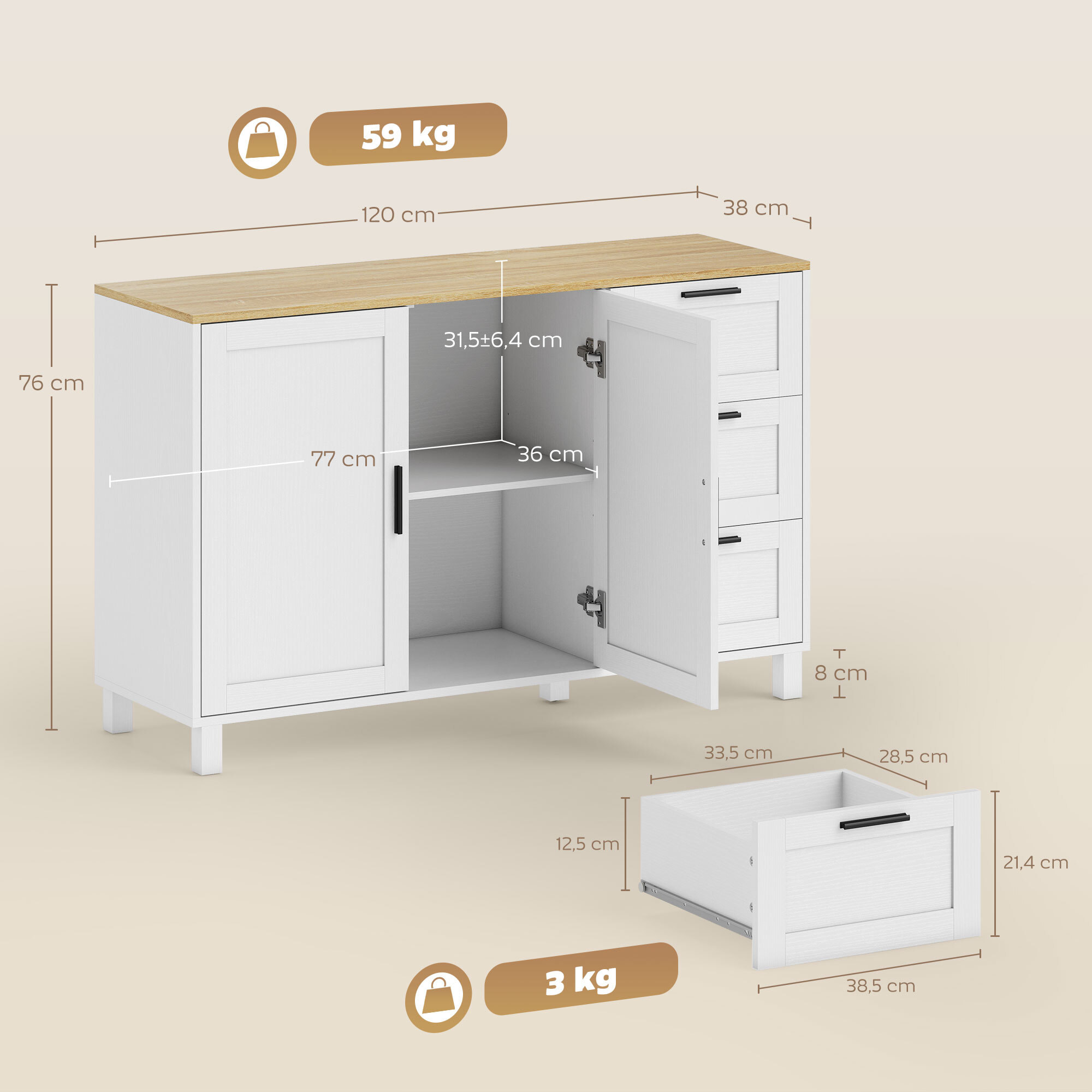 Aparador 2 Puertas, Aparador para Salón Moderno, con 3 Cajones, Estante Ajustable y Patas de Madera, para Comedor, Entrada, Dormitorio, 120x38x76 cm, Blanco