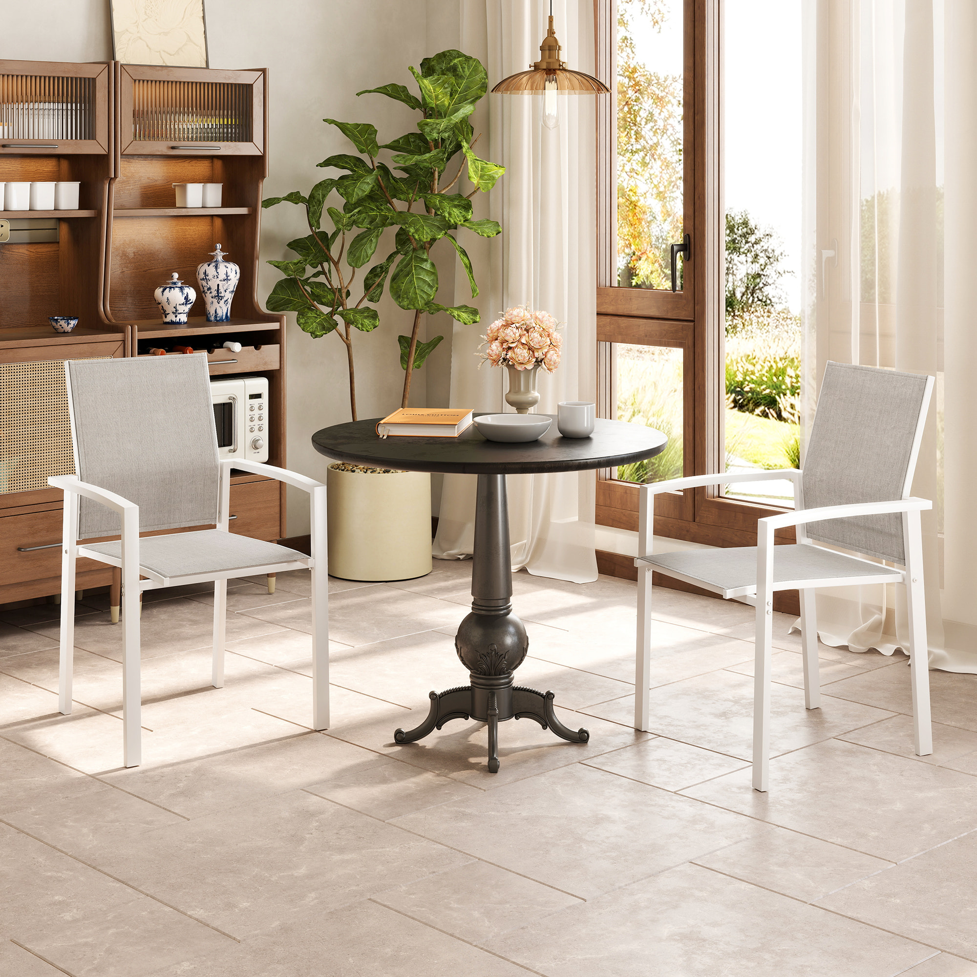 Juego de 2 Sillas de Jardín Exterior Sillas Terraza Exterior Apilables Sillones de Comedor con Tela Transpirable Marco de Acero Reposabrazos y Respaldo 56x58x89 cm Gris Claro