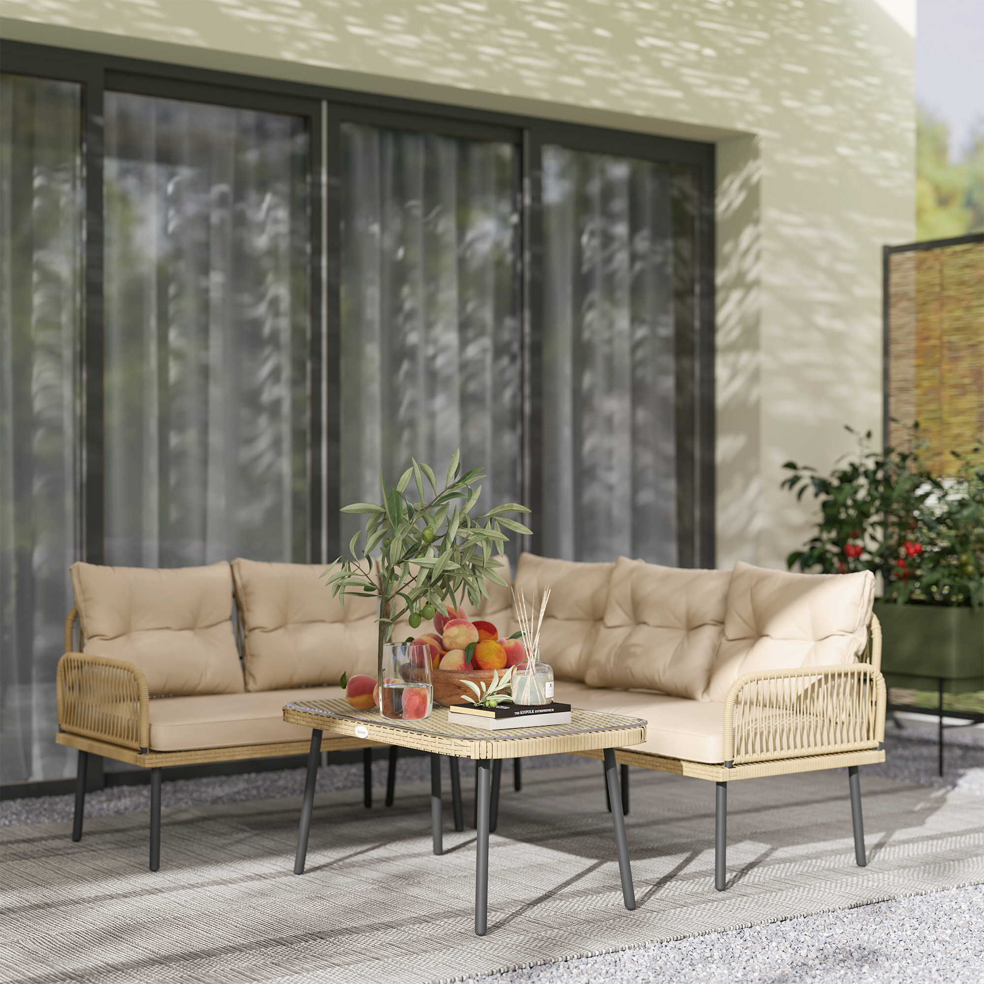 Ensemble salon de jardin d'angle 5 places avec table basse et coussins beige résine tressée effet rotin