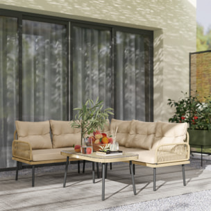 Ensemble salon de jardin d'angle 5 places avec table basse et coussins beige résine tressée effet rotin