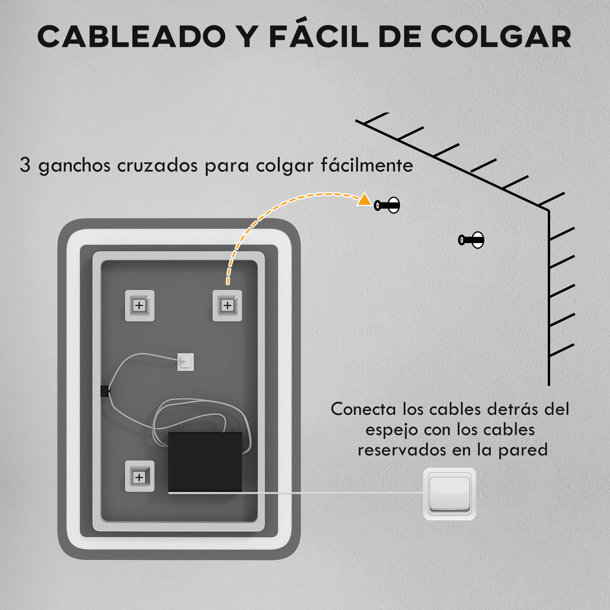 Espejo de Baño con Luces LED 50x70 cm Espejo de Pared Antivaho con 3 Temperaturas de Color Regulable y Función de Memoria Horizontal y Vertical