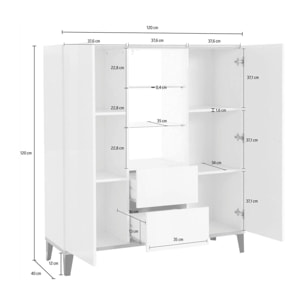 Credenza moderna a 2 ante e 2 cassetti, Made in Italy, Madia con ripiani, Buffet di design da ingresso, Cm 120x40h133, Bianco lucido e Ardesia