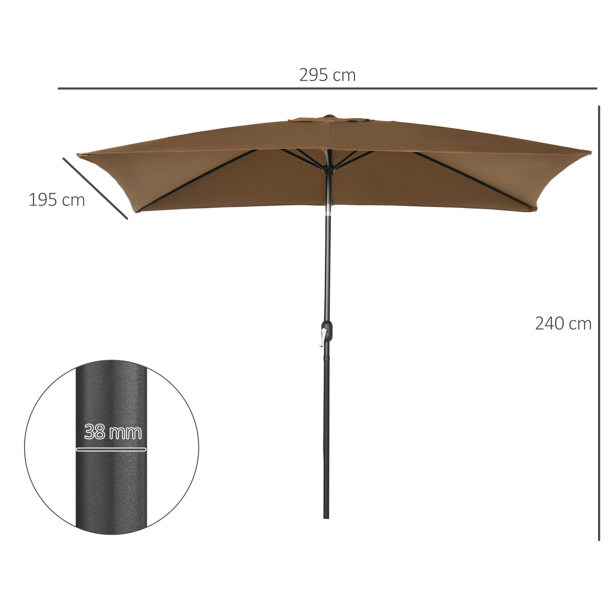 Parasol inclinable rectangulaire métal polyester haute densité 2,95L x 1,95l x 2,4H m chocolat