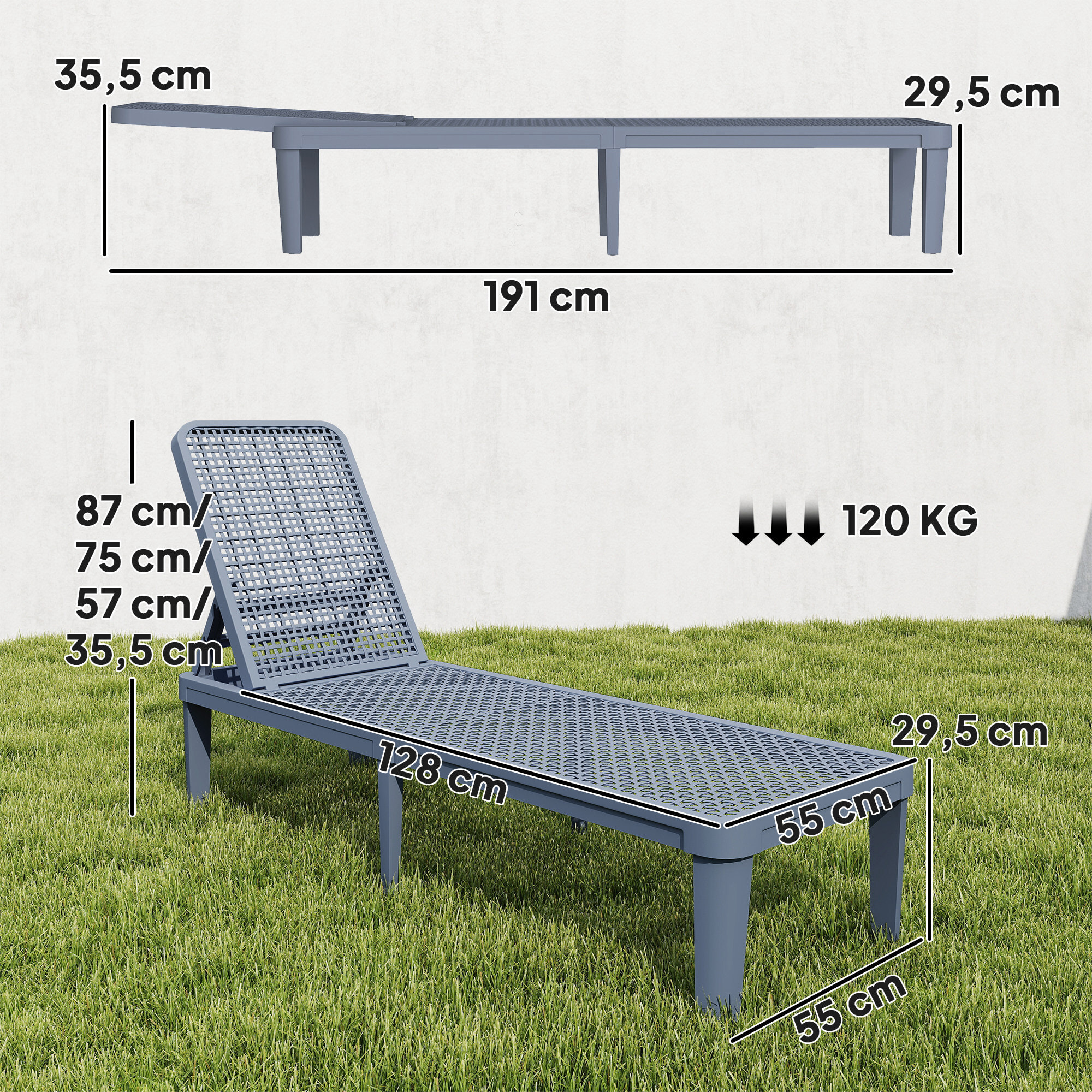 Tumbona Reclinable, Tumbona Jardín Exterior de PP con Respaldo Ajustable en 4 Niveles, Carga 120 kg, para Patio, Terraza, Balcón, Montaje Fácil, 191x55x35,5 cm, Gris Oscuro