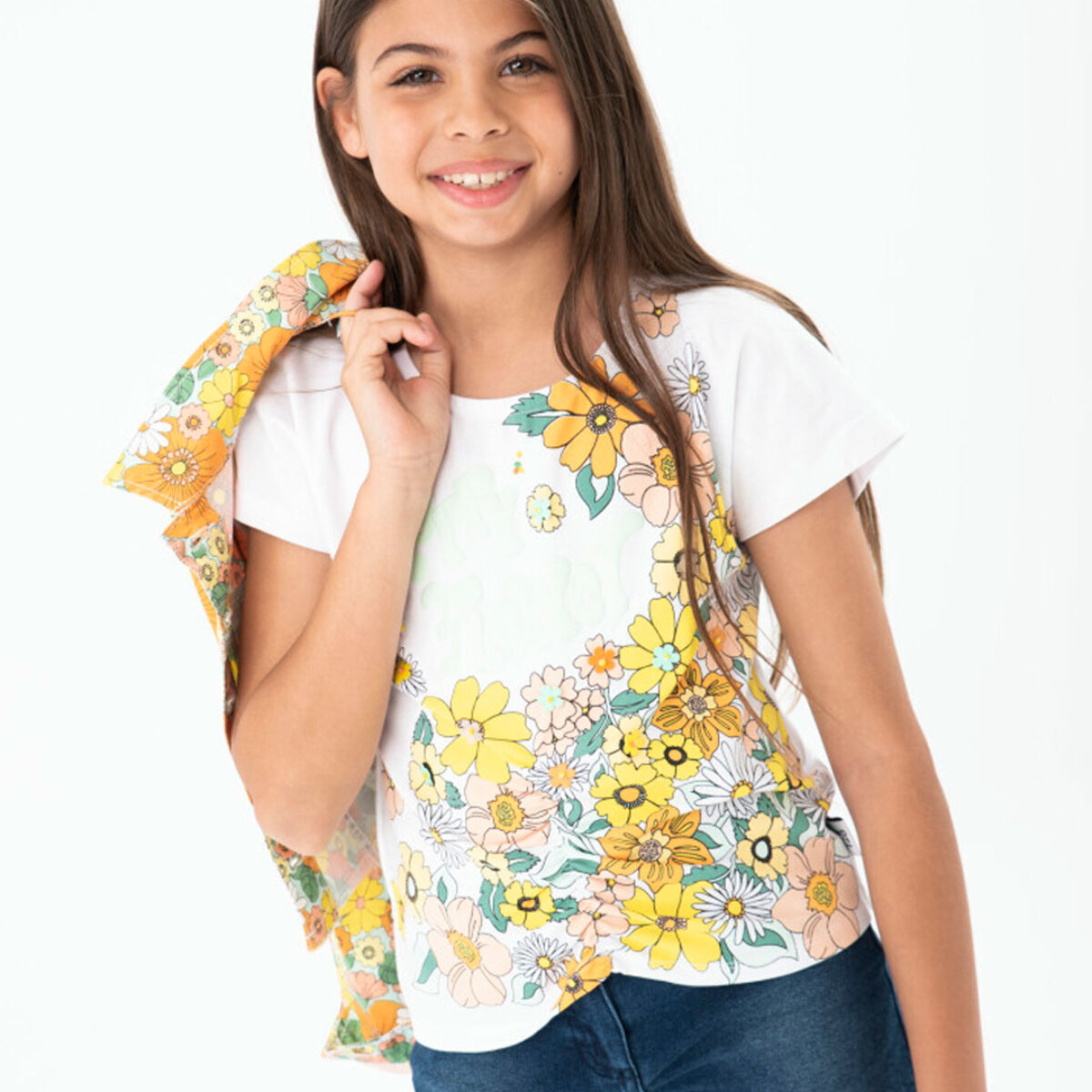 Camiseta elÃ¡stica niÃ±a estampada, manga corta, blanco