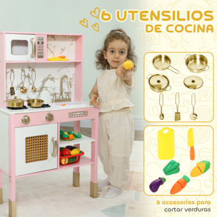 Cocina de Juguete de Madera con Sonido, Cocinita Infantil con Accesorios de Acero Inoxidable, Microondas, Horno, Fregadero, Verduras para Cortar, para Niños a Partir de 3 Años, Rosa