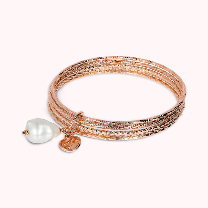 Bracciale Multifilo Rigido con Pietra Naturale Tonda Perla Bianca