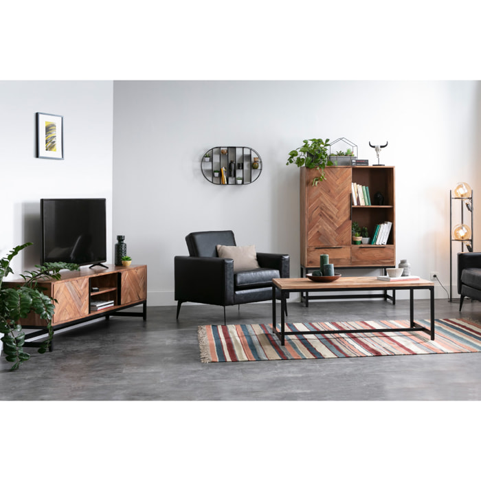 Meuble TV à motifs chevrons en bois massif et métal noir L158 cm STICK