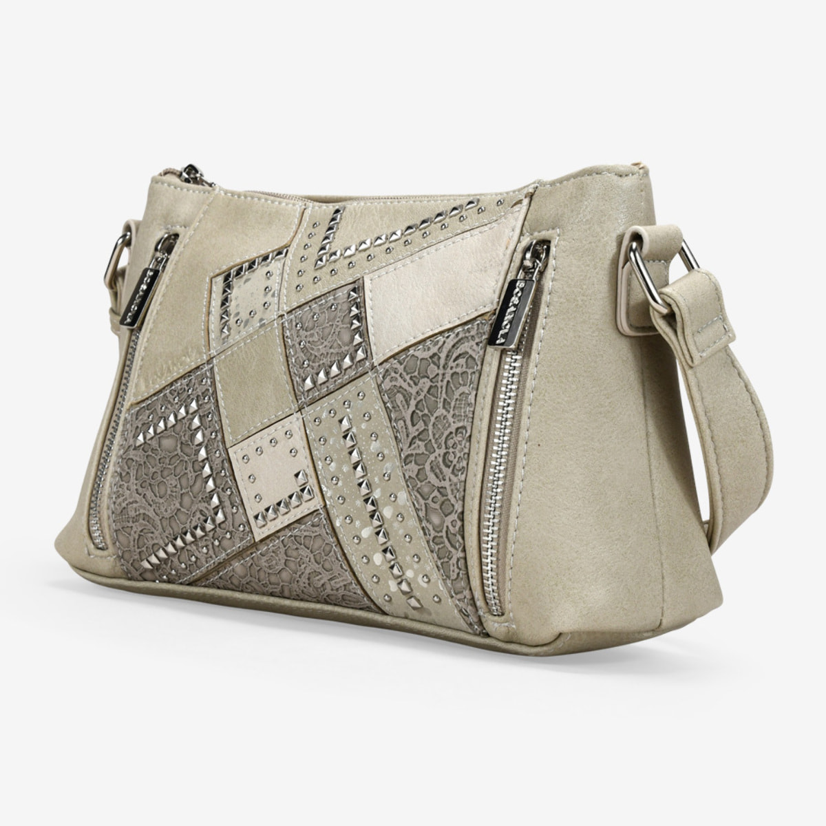 Bolso bandolera piedra con cremalleras y tachas
