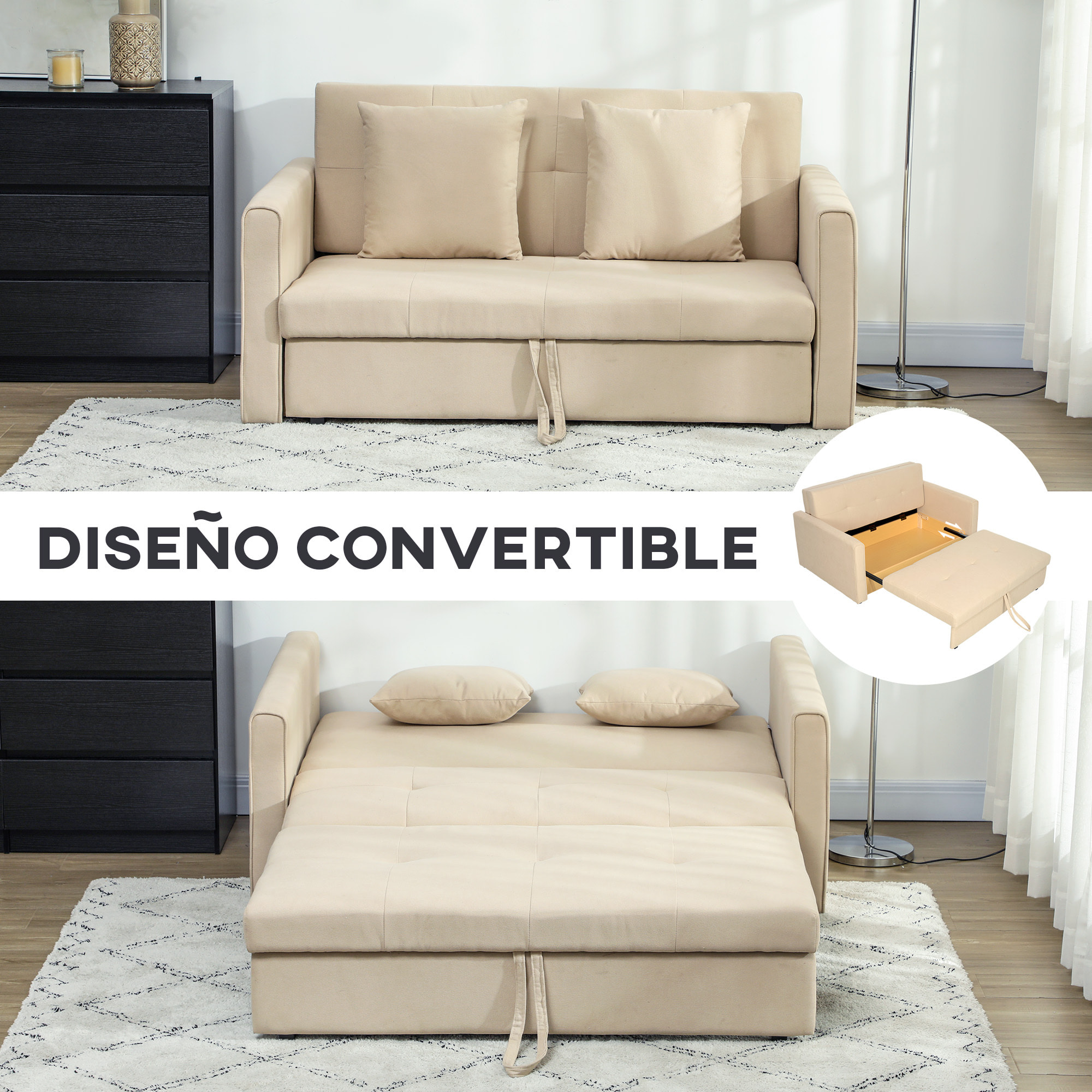 Sofá Cama de 2 Plazas Sofá Cama Tapizado en Poli Algodón con 2 Cojines Desmontables y Espacio de Almacenamiento Sofá Doble para Salón Oficina 152x101x81 cm Beige