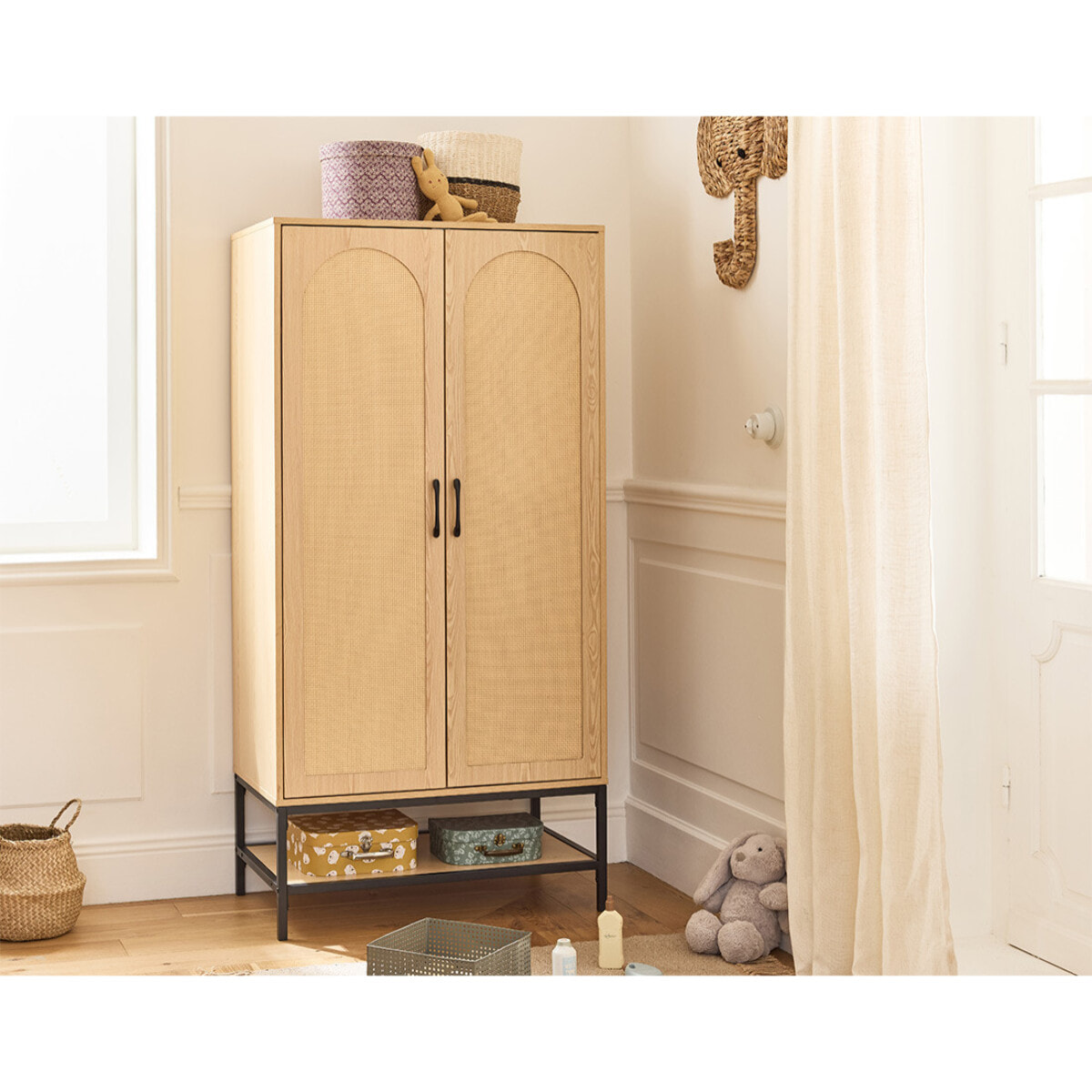 Nagato - armoire - cannage et effet bois - 80 cm - Bois / Noir