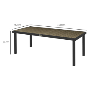 Mesa de Comedor Exterior de Aluminio Mesa de Jardín Exterior para 8 Personas con Encimera de Listones para Terraza Balcón 190x90x74 cm Natural y Negro