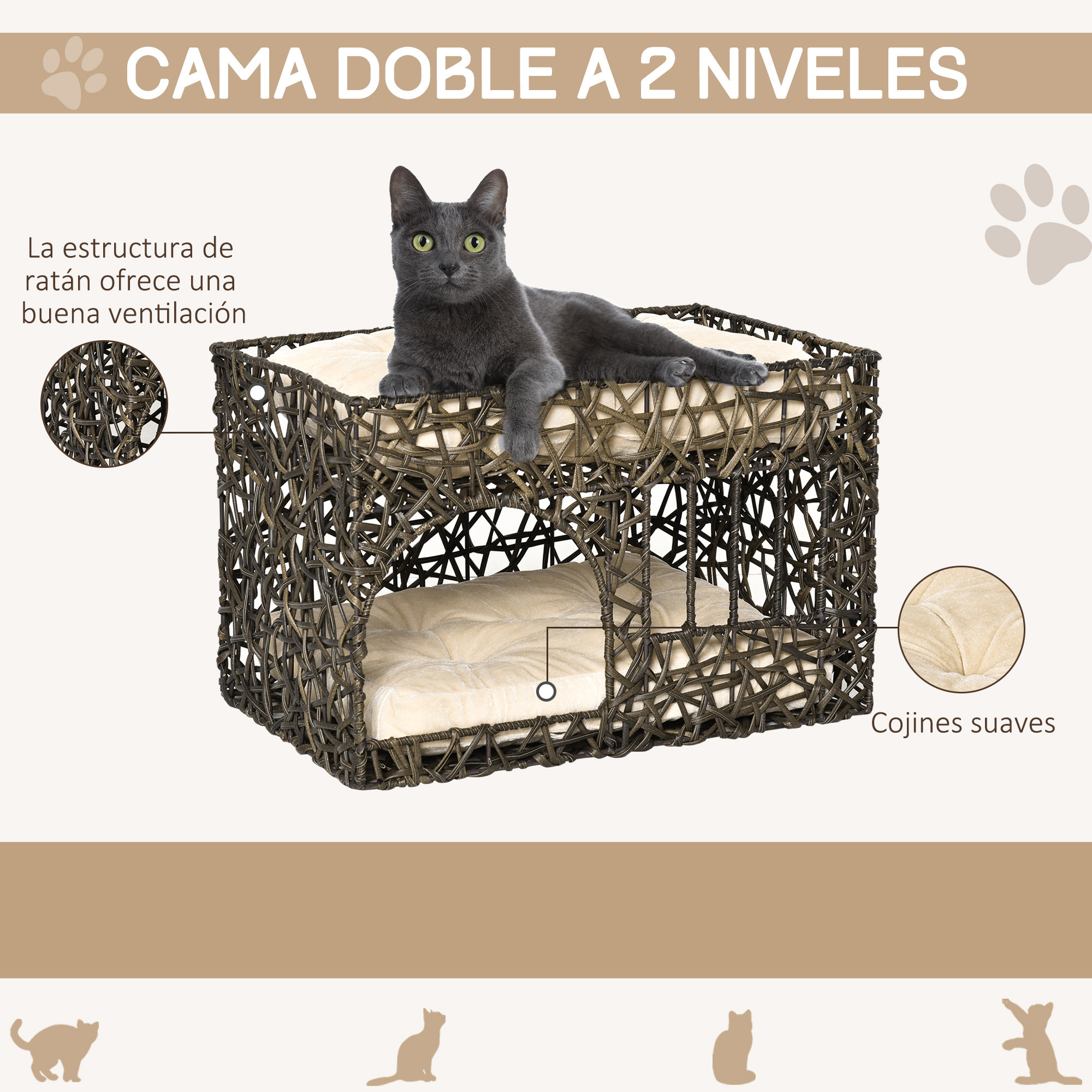 Cesta de Ratán para Gatos de 2 Alturas con 2 Cojines Suaves y Ventana 56x41x45cm
