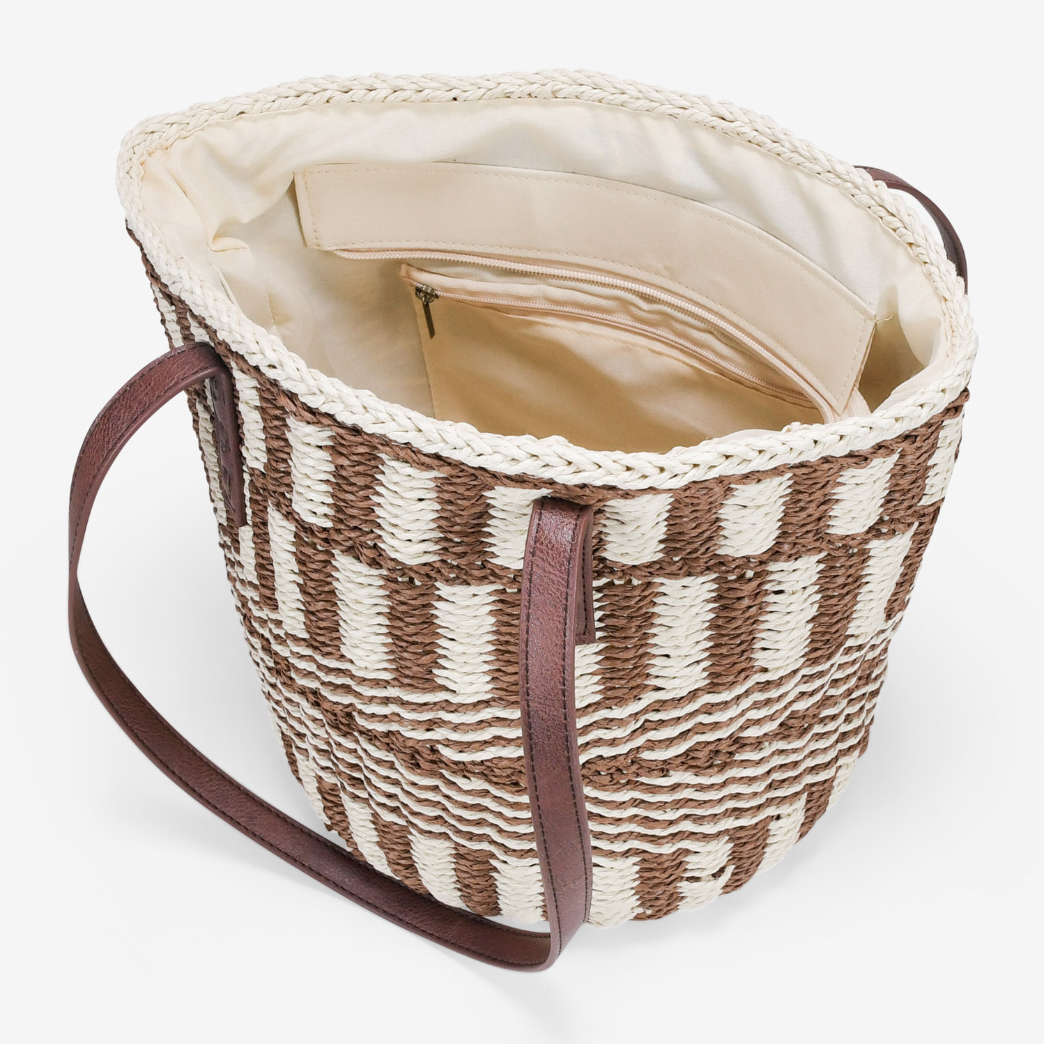 Bolso capazo beige y marrón con asas de hombro