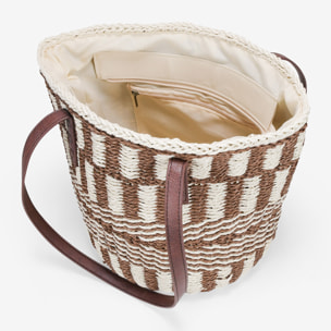 Bolso capazo beige y marrón con asas de hombro